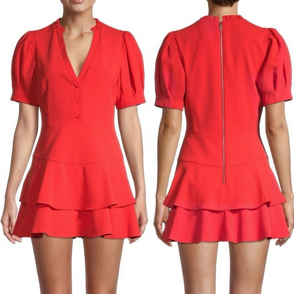 Alice + Olivia Val Puff Sleeves Skort Romper In Bright Poppy Size 4